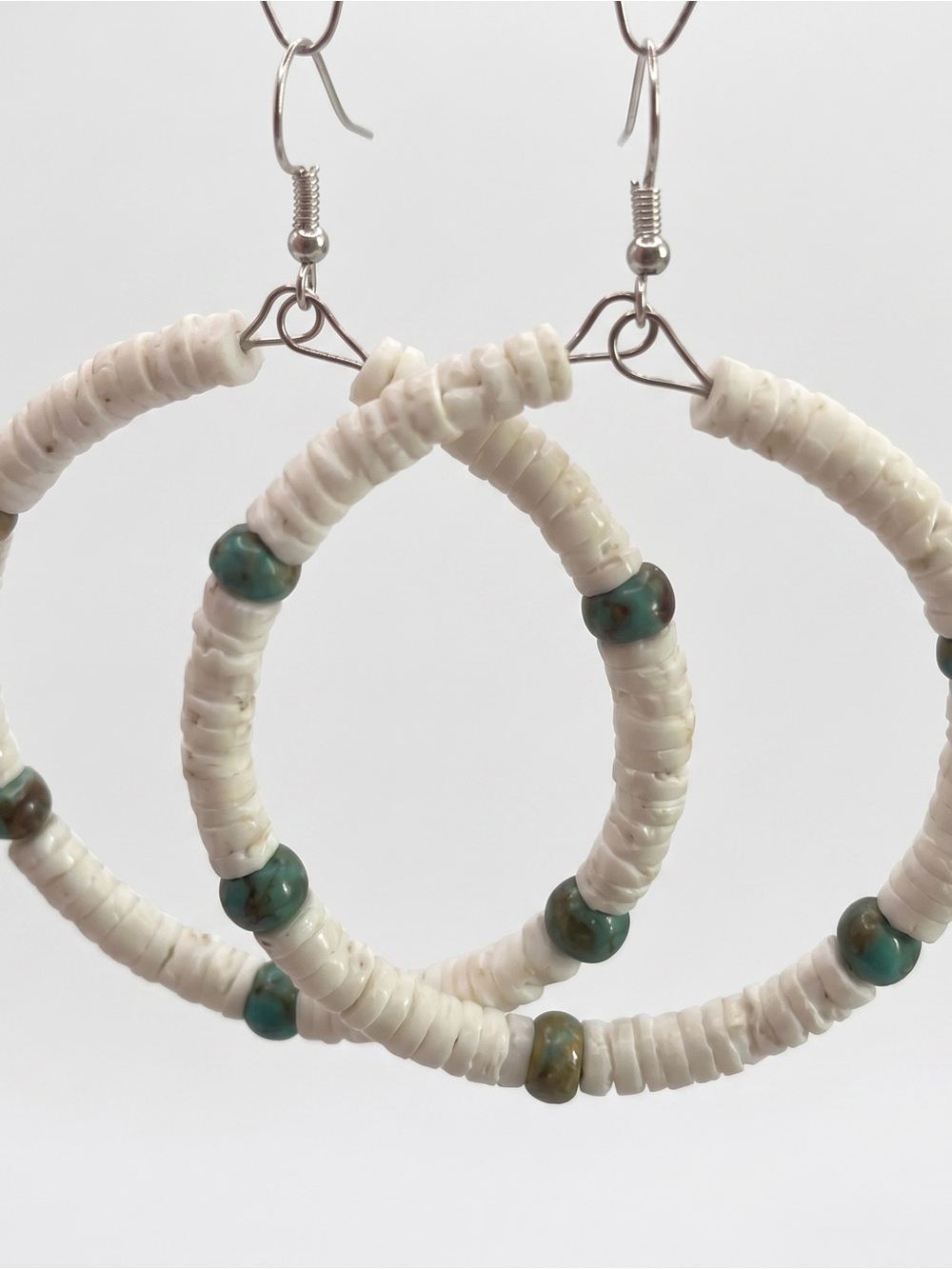 Shell White and Turquoise Beaded Hoop Earrings